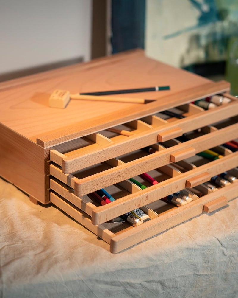 Dajar Basic 4-Drawer Art Supply Storage Box, Portable Premium Beech Wood Organizer Box for Pastels, Pencils, Pens, Brushes, Stamp, Art Storage with Removable Dividers, Natural - Image 2